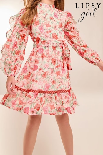 Lipsy Pink Floral Ruffle Sleeve Chiffon Sparkle Dress (5-16yrs) (E74691) | £36 - £44