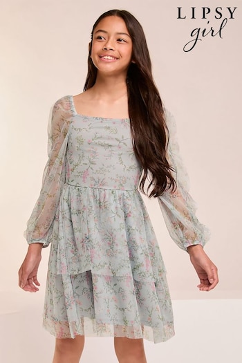 Lipsy Blue Floral Printed Mesh Tiered Dress (5-16yrs) (E74692) | £32 - £40