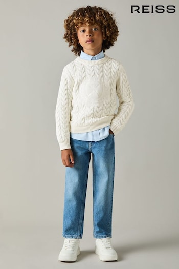 Reiss Off White Victor 3-9 yrs Logo-Embroidered Cabled Jumper with Cotton and Wool (E74987) | £40