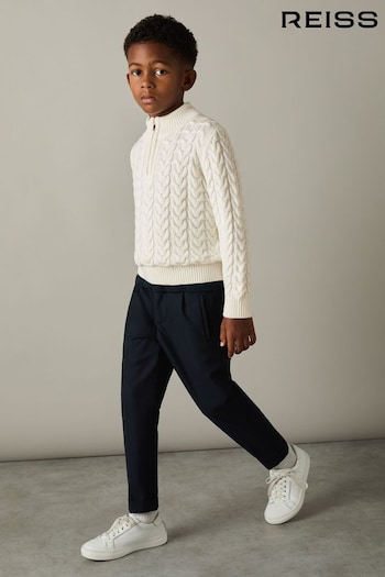 Reiss Off White Tamworth Senior Cabled Knitted Quarter Zip Jumper with Cotton and Wool (E74990) | £42