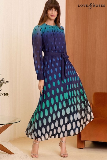 Love & Roses Blue Printed Belted Pleated Long Sleeve Midi Dress (E75520) | £79