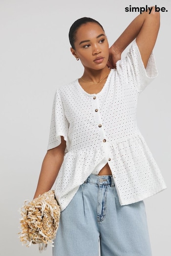 Simply Be White Jersey Broderie Button Through Peplum Top (E75632) | £24