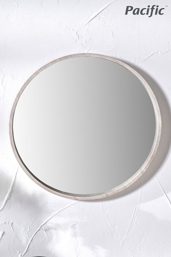 Pacific Grey Oak Wood Veneer Slim Frame Round Wall Mirror (E75992) | £100