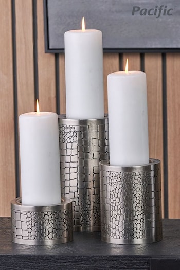 Pacific Antique Silver Croc Print Metal Candle Holder Set of 3 (E76086) | £60