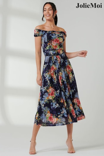 Jolie Moi Blue Bardot Twist Detail Midi Dress (E76420) | £55
