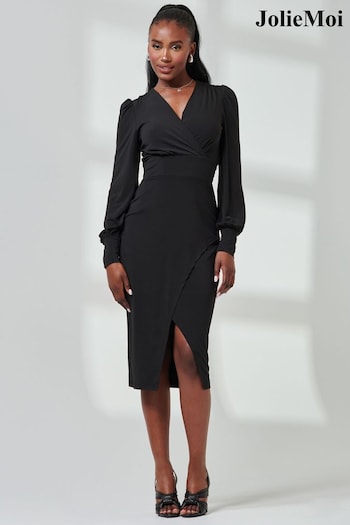 Jolie Moi Black Jersey Wrap Slit Pencil Dress (E76421) | £68