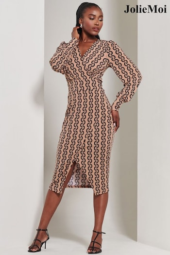 Jolie Moi Black Chrome Print Long Sleeve Jersey Pencil Dress (E76424) | £68