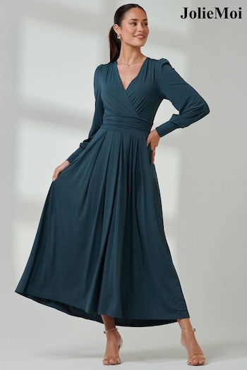 Jolie Moi Green Long  Sleeve Soft Silky Jersey Maxi Dress Black (E76432) | £95