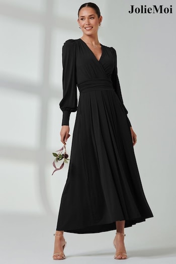 Jolie Moi Black Long  Sleeve Soft Silky Jersey Maxi Dress (E76436) | £95