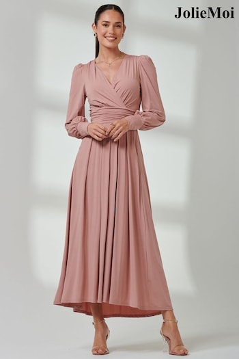 Jolie Moi Pink Long  Sleeve Soft Silky Jersey Maxi Dress (E76440) | £95