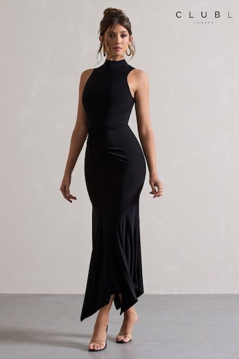 Club L London Black Brionna High Neck Twist Maxi Dress (E76610) | £85