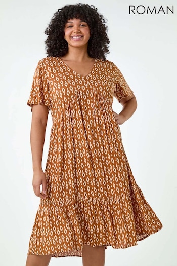 Roman Brown Geometric Tiered Frill Midi Dress (E78053) | £50