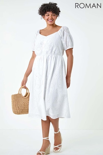 Roman White Cotton Broderie Midi Dress (E78066) | £50