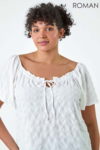 Roman White Tie Detail Textured Bardot Top (E78067) | £32