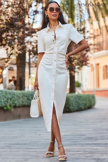 Sosandar Cream Ruched Waist Popper Front Denim Dress (E78090) | £79