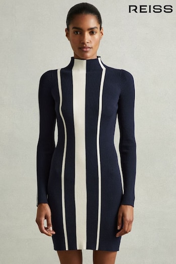 Reiss Navy/Ivory Kelli Ribbed Striped Mini Dress (E78652) | £148