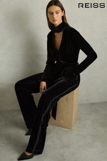 Reiss Black Vera Petite Velvet Belted Wide Leg Jumpsuit (E78669) | £188