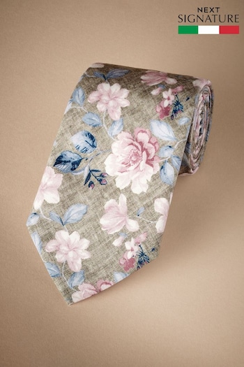 Neutral Brown/Pink Floral Signature Made In Italy Printed Melange Tie (E79391) | £35