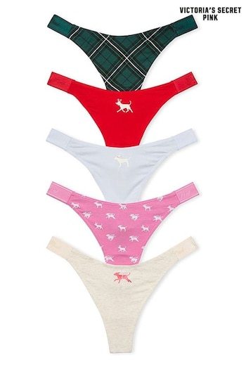 Victoria's Secret PINK Red/Pink/Nude/White/Green Thong Logo 5 Pack Knickers (E79405) | £27