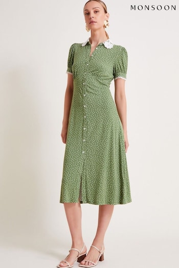 Monsoon Green Clea Spot Jersey Midi Dress Nylon (E79418) | £75
