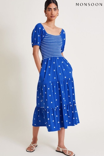 Monsoon Blue Susie Shirred Embroidered Midi Dress (E79420) | £85