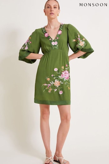 Monsoon Green Alice Embroidered Short Dress (E79442) | £80