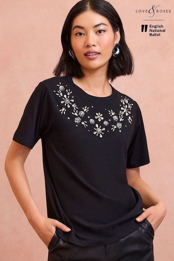 Love & Roses Black Petite Embellished Jersey T-Shirt (E79513) | £32