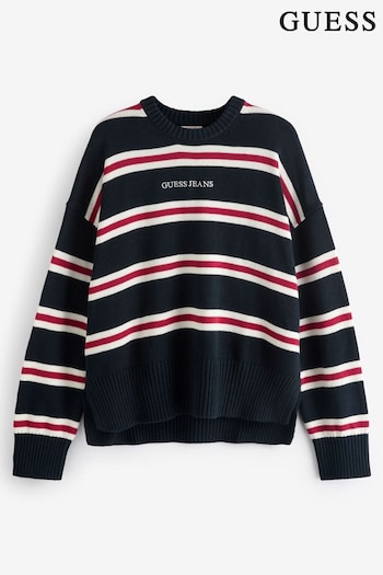 Guess Jeans Navy Stripe Logo Knit 100% Cotton Jumper (E80740) | £75