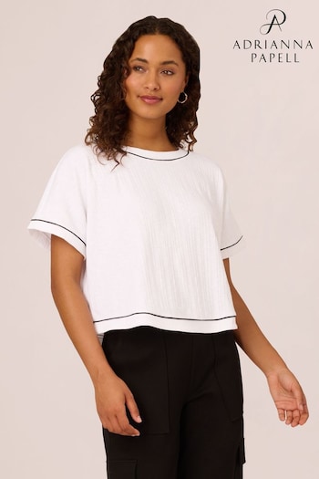 Adrianna Papell Tipped Variegated White Rib Knit Top With Back Faux Button Placket (E80934) | £39