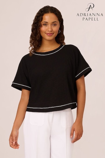 Adrianna Papell Tipped Variegated Rib Knit Black Top With Back Faux Button Placket (E80935) | £39