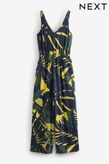 Navy/Khaki Green Jersey Wide Leg V-Neck Sleeveless Jumpsuit (E82002) | £34