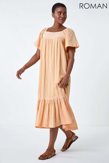 Roman Orange Embroidered Cotton Midi Smock Dress (E82141) | £42