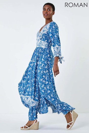 Roman Blue Paisley Print Frill Hem Maxi Dress (E82144) | £50