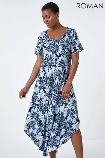 Roman Blue Floral Print Midi T-Shirt Dress (E82159) | £40