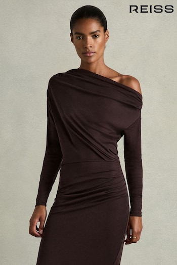 Reiss Brown Fleur Petite Off-The-Shoulder Ruched Jersey Midi Dress (E82408) | £148