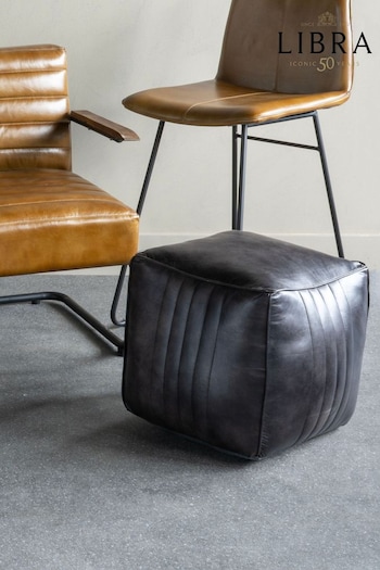 Libra Interiors Charcoal Cube Leather Pouffe (E82567) | £199