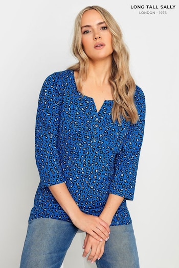 Long Tall Sally Blue Animal Print 3/4 Sleeve Pintuck Henley 100% Cotton Top (E82902) | £23