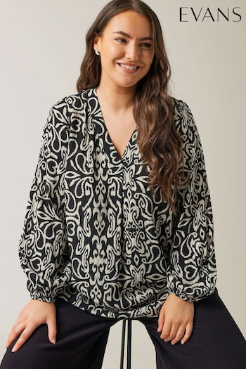 Evans Damask Print Pleated Front Black Top (E83362) | £39