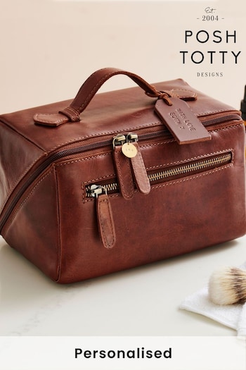 Posh Totty Designs Personalised Leather Lay Flat Wash Brown Bag (E83622) | £59