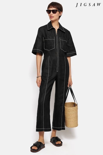 Jigsaw Black Linen Contrast Stitch Jumpsuit (E84258) | £195