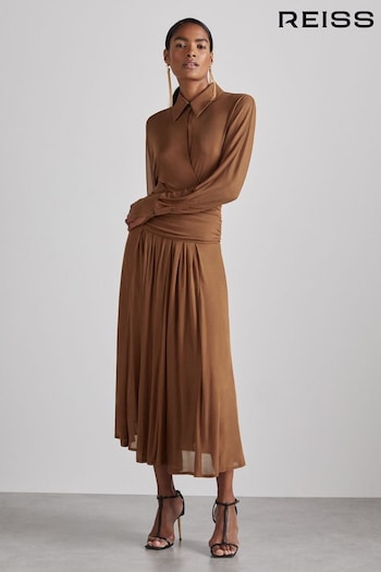 Reiss Tan Saffron Atelier Gathered-Georgette Maxi Dress (E84635) | £395