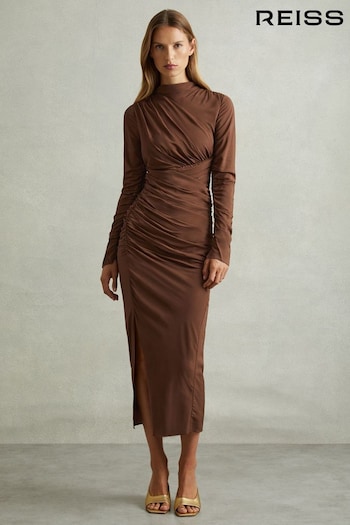 Reiss Chocolate Kelly Jersey Ruched Midi Dress (E84683) | £228