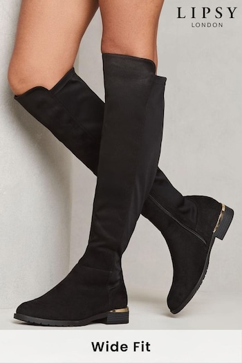 Lipsy Black Wide Fit Elastic Flat Knee High Long Faux Suede boot (E85077) | £64