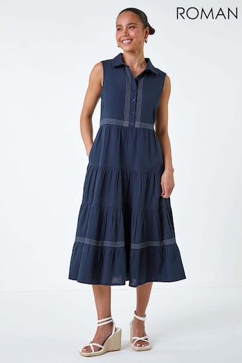 Roman Blue Cotton Pocket Tiered Midi Dress (E85389) | £45