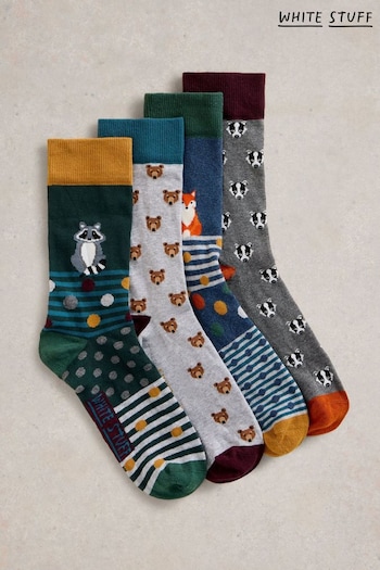 White Stuff Green Woodland Animals Socks 4 Pack (E85775) | £22