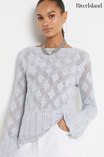 River Island Silver Crochet Tie Back Long Sleeve Top (E85893) | £38