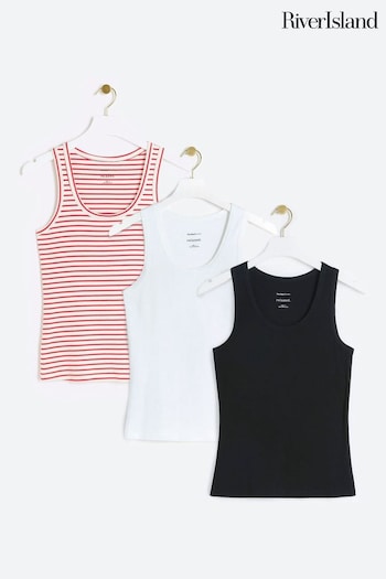 River Island White 100% Cotton Stripe Scoop Neck Vests Multi Pack (E85919) | £30