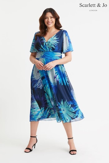 Scarlett & Jo Blue Victoria Angel Sleeve Mesh Midi Long Dress (E86029) | £85