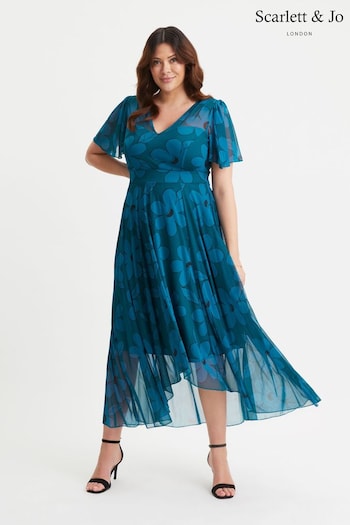 Scarlett & Jo Blue Tilly Print Angel Sleeve Sweetheart Dress (E86035) | £90