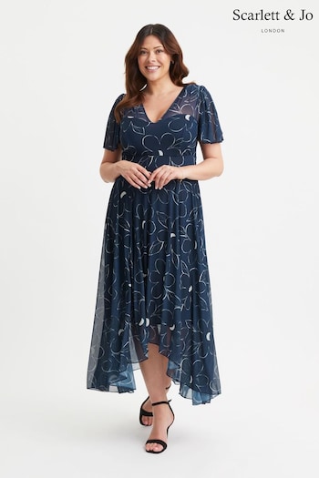 Scarlett & Jo Blue Tilly Print Angel Sleeve Sweetheart Dress (E86038) | £90